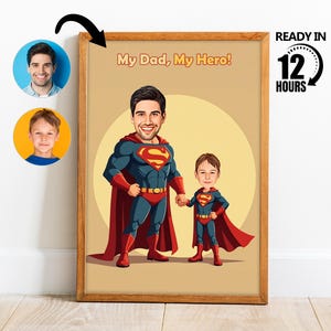 Aangepaste Super Dad en zoon cartoon portret, Super Dad portret, vaders cadeau, Super Dad karikatuur, superheld karikatuur, -226