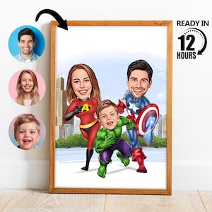 Benutzerdefiniertes Superhelden-Familien-Karikaturporträt, benutzerdefiniertes Familienporträt, personalisierte Familienkarikatur, Geschenk für Familie, Super Familienporträt -126
