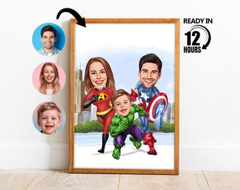 Custom Superhero Family Cartoon Portrait, Custom Family Portrait,Personalized Family Caricature,Gift for Family,Super Family Portrait -126