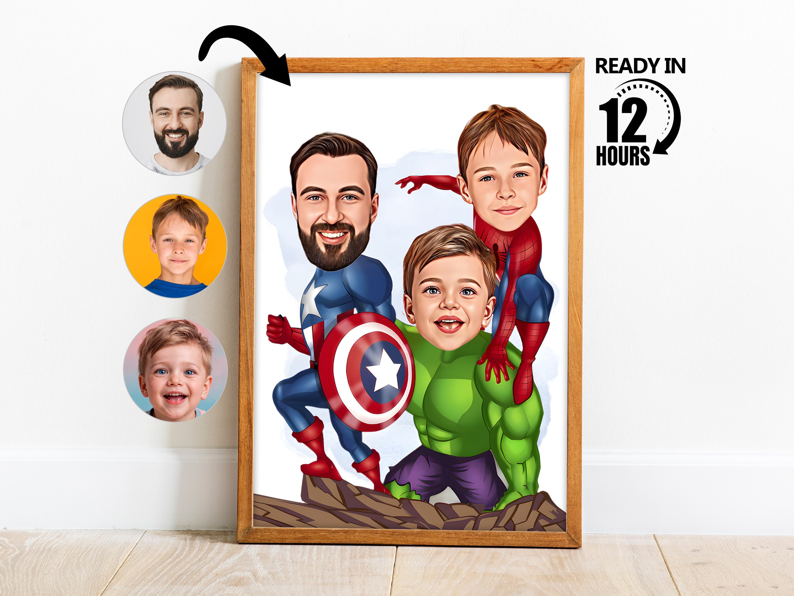 Custom Dad and Two Son Superhero Cartoon Portrait, Custom Superhero Caricature Portrait, Gift for Dad, Super Dad, Superhero Kids Photo -37