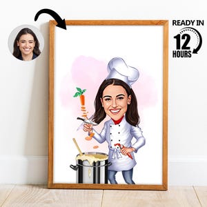 Aangepaste cartoonportret chef-kok, karikatuur vrouwelijke chef-kok, cadeau voor chef-kok, cartoon voor vrouwen, grappig cadeau chef-kok, aangepaste karikatuur van foto-70