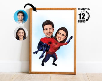 Custom Superhero Couple Cartoon Portrait, Personalized Couple Portrait,Gift for Couple,Spider Superhero Couple, Valentine's Day Gift -139