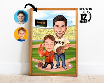 Custom Dad and Son Baseball Player Cartoon Portrait, Baseball Caricature, Gift for Baseball Player, Baseball Cartoon, Gift for Dad -219