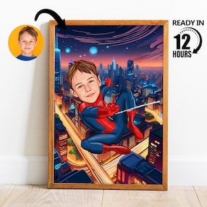 Benutzerdefiniertes Superheld-Karikaturporträt, benutzerdefinierte Junge Superheld-Karikaturzeichnung vom Foto, lustige Kinderkarikatur, Geschenk für Kind -202