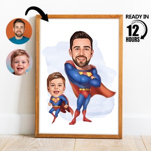 Custom Super Dad And Son Cartoon Portrait, Custom Super Dad And Son Caricature Drawing from Photo, Funny Dad Caricature, Gift for Dad-11