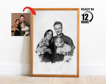 Custom Sketch From Photo,Custom Family Portrait with dog, Custom Charcoal, Couple Portrait drawing, Digital Sketch Art, Pencil Drawing
