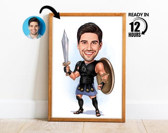 Custom Gladiator Cartoon Portrait, Custom Gladiator Caricature Drawing from Photo, Funny Gladiator Caricature, Gift for Dad -251
