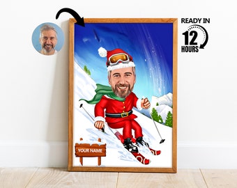 Custom Christmas Cartoon Portrait, Skier Caricature, Skier Cartoon, Funny Skier Caricature from Photo, Custom Skiing Gift, Gift for Men -84