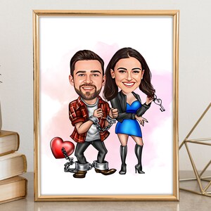May include: A cartoon illustration of a couple in love. The man is wearing a red and black plaid shirt and the woman is wearing a blue dress and a black leather jacket. They are both holding onto a chain with a heart-shaped padlock. The woman is holding a key in her other hand.