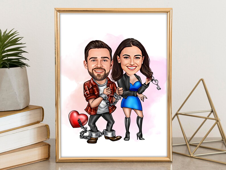 May include: A cartoon illustration of a couple in love. The man is wearing a red and black plaid shirt and the woman is wearing a blue dress and a black leather jacket. They are both holding onto a chain with a heart-shaped padlock. The woman is holding a key in her other hand.