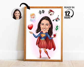 Custom Super Mom Cartoon Portrait, Mom Caricature, Gift for Mom, Mother Cartoon, Caricature from Photo, Mother's Day Gift, Mother Gift-104