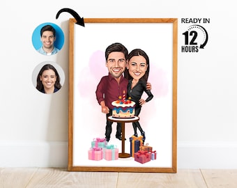 Custom Couple Birthday Gift Portrait, Birthday Gift for Couple, Birthday Caricature, Anniversary Gift, Personalized Birthday -140