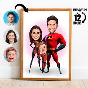 Portrait personnalisé de dessin animé de super famille, portrait de super famille, cadeau pour la famille, caricature de super famille, caricature de super-héros -77