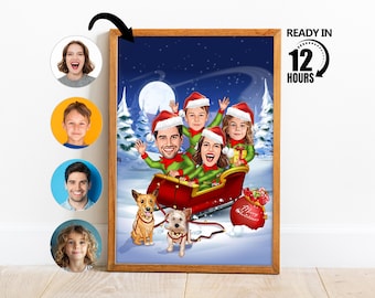 Aangepaste kerst cartoonportret, familieportret, gepersonaliseerde familiekarikatuur, kerstkaarten, kerstmis, vrolijk kerstcadeau