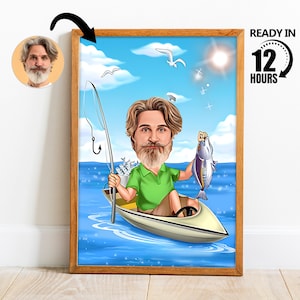 Ritratto di cartone animato personalizzato di pescatore, caricatura di pescatore personalizzata disegno da foto, caricatura di pescatore divertente, regalo per pescatore -13