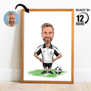 Retrato de caricatura de entrenador de fútbol personalizado, dibujo de caricatura de entrenador de fútbol personalizado a partir de una foto, caricatura divertida de entrenador de fútbol, regalo para él -79