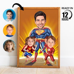 Retrato familiar de dibujos animados de superhéroes personalizado, retrato familiar personalizado, caricatura familiar personalizada, regalo para la familia, retrato de superfamilia -209
