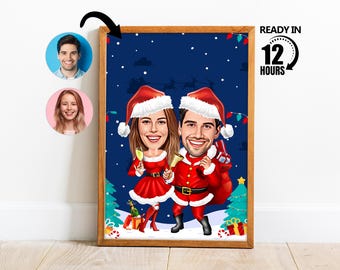 Custom Christmas Cartoon Portrait,Personalized Christmas Couple Portrait, Couple Caricature, Couple Gift,Christmas Gift,Xmas Couple Gift -7