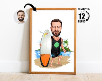 Custom Surfer Cartoon Portrait, Custom Surfing Caricature,Vacation Caricature Portrait,Surf Gift,Gift for Surfer,Gift for Men,Surfing -93