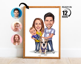 Custom Family Cartoon Portrait, Custom Family Portrait, Personalized Family Portrait,Gift for Family, Caricature from Photo,Family of 3 -222