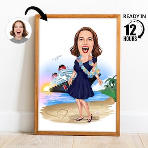 Custom Girl Cartoon Portrait,Personalized Beach Cartoon Portrait,Gift for Girls,Beach Theme Caricature,Vacation Caricature Portrait -92