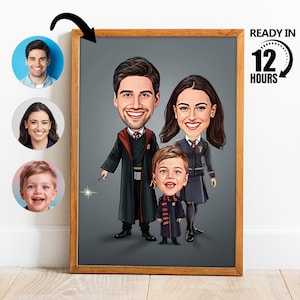 Retrato de dibujos animados de la familia del mago personalizado, retrato personalizado con el tema de Harry, regalo para la familia, dibujos animados de la familia del mago, regalo para los magos -5