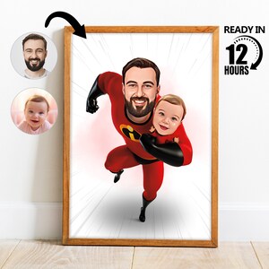Custom Super Dad And Son Cartoon Portrait,Custom Incredible Dad And Son Caricature,Drawing from Photo, Super Dad Caricature,Gift for Dad -76