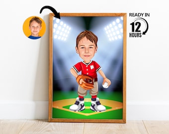 Custom Kid Baseball Player caricature, Funny Baseball Player, Boy Baseball Player Portrait, Gift for Son, Boy Baseball Cartoon -73