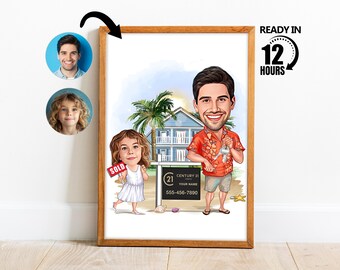 Custom Realtor Dad and Daughter,Real Estate Cartoon Portrait, Gift for Father, Dad Caricature, Caricature from Photo, Gift for Dad -224