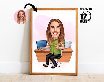 Custom Woman Office Coworker Cartoon Portrait,Personalized Woman Worker Cartoon from Photo,Caricature,Gift for Coworker,Women Cartoon -116