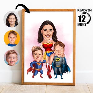 Retrato de caricatura de superhéroe personalizado de madre y dos hijos, retrato de caricatura de superhéroe personalizado, regalo para madre, foto de niños superhéroes -111