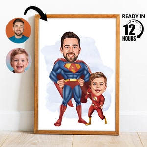 Benutzerdefinierte Super Dad und Sohn Cartoon Portrait, benutzerdefinierte Super Dad und Sohn Karikatur Zeichnung vom Foto, lustige Dad Karikatur, Geschenk für Dad -39