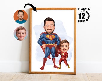 Custom Super Dad And Son Cartoon Portrait, Custom Super Dad And Son Caricature Drawing from Photo, Funny Dad Caricature, Gift for Dad -39