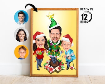 Aangepaste kerst cartoonportret, familieportret, aangepaste familiekarikatuur, cadeau voor familie, kerstmis, nieuwjaarscadeau, kerstportret -1