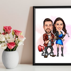 May include: A caricature illustration of a couple in love. The man is wearing a red and black plaid shirt and the woman is wearing a blue dress and a black leather jacket. They are both smiling and holding hands. The man is holding a red heart with a chain attached to his ankle. The woman is holding a key.