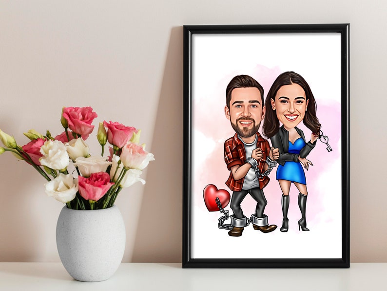 May include: A caricature illustration of a couple in love. The man is wearing a red and black plaid shirt and the woman is wearing a blue dress and a black leather jacket. They are both smiling and holding hands. The man is holding a red heart with a chain attached to his ankle. The woman is holding a key.