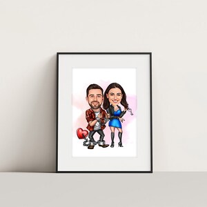 May include: A caricature of a couple holding hands, the man in a red plaid shirt and the woman in a blue dress, with a red heart and chains connecting them.