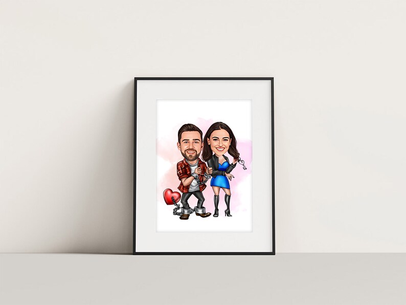 May include: A caricature of a couple holding hands, the man in a red plaid shirt and the woman in a blue dress, with a red heart and chains connecting them.