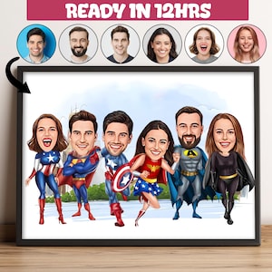Retrato de dibujos animados de amigos superhéroes personalizados, retrato de dibujos animados de amigos personalizado, regalo para amigos, caricatura con tema de superhéroe -137
