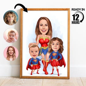 Retrato familiar de dibujos animados de superhéroes personalizado, retrato familiar personalizado, caricatura familiar personalizada, regalo para la familia, retrato de superfamilia -210