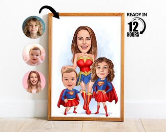 Custom Superhero Family Cartoon Portrait, Custom Family Portrait,Personalized Family Caricature,Gift for Family,Super Family Portrait -210