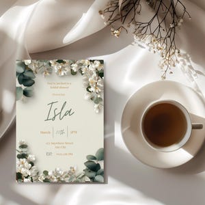 Botanical bridal shower invitation template with realistic white flowers and soft neutral background