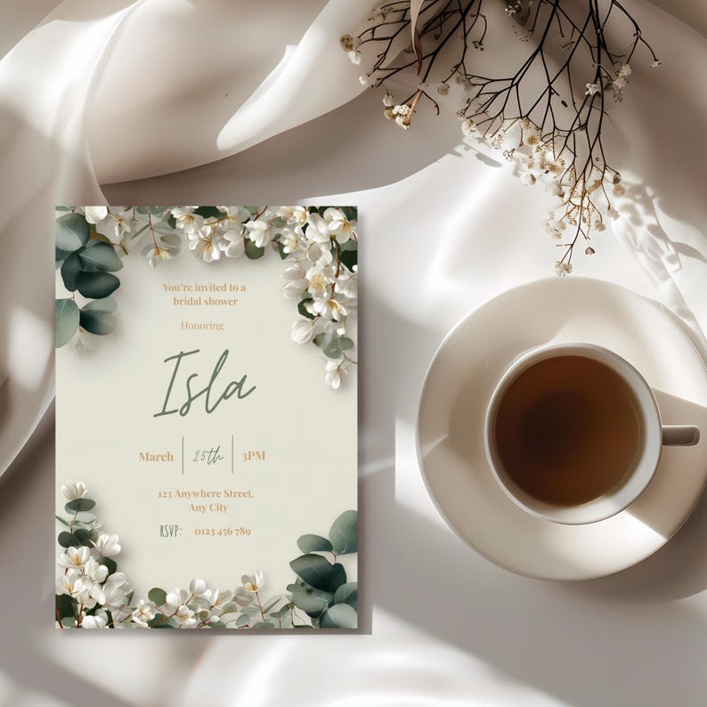 Botanical bridal shower invitation template with realistic white flowers and soft neutral background
