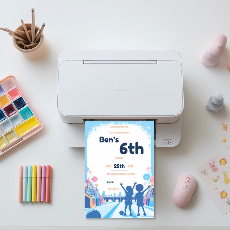 Printed 6th birthday bowling and arcade invitation with colorful balloons and arcade machines, ready to write party details