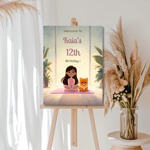 Detail view of the soft pastel atmosphere in the puppy yoga birthday welcome sign featuring warm lighting tones, calm aesthetic styling, and cohesive birthday theme artwork.