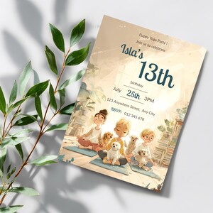 Puppy yoga birthday invitation template with light hair girl, aesthetic teen birthday invite, editable Canva printable party invitation