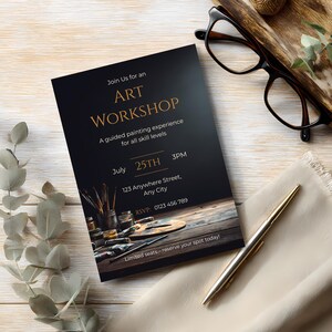 Art class invitation template featuring rustic artist workspace paint tubes brushes and painter palette