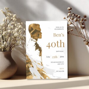 Modern minimalist mens birthday invitation template with gold profile illustration and editable text fields