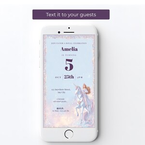 Princess birthday evite on a smartphone screen, ready to text to guests, princess riding a unicorn design