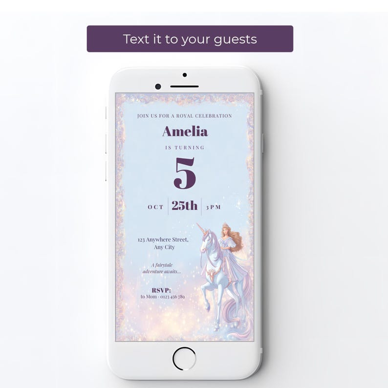 Princess birthday evite on a smartphone screen, ready to text to guests, princess riding a unicorn design